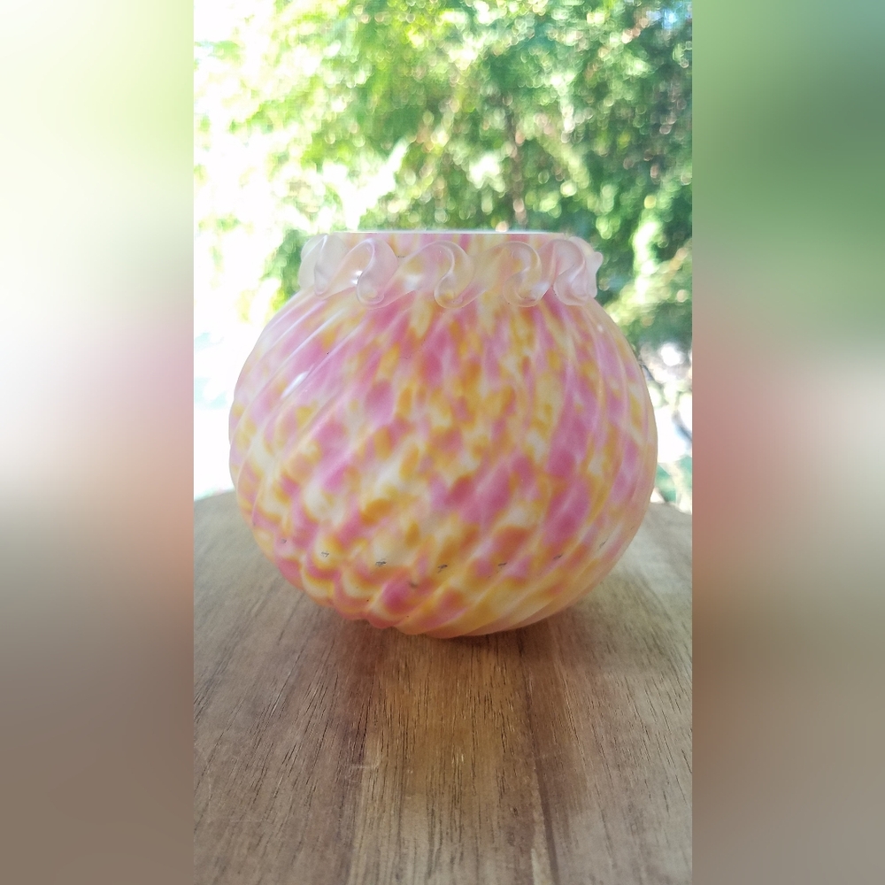Antique Victorian Pink & Yellow Spatter Satin Glass Vase Franz Welz Czech Glass - Picture 2 of 7